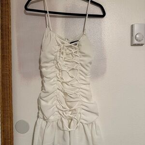 White Fox Ruched Spaghetti Strap Dress